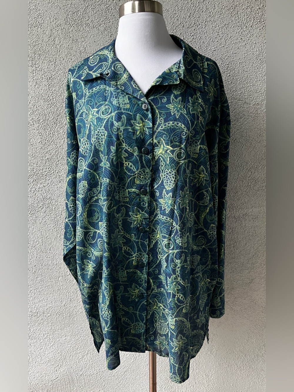 Vintage Y2K Peruvian Connection Teal Floral Pima Cotton Button Tunic Shirt Sz L